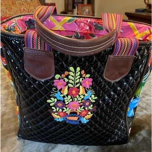 Consuela Classic Tote: Used; Black with multi color embroidery.